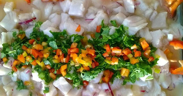 Foto de un delicioso y fresco ceviche de pescado preparado por El Ceviche de Ale y Santy HC