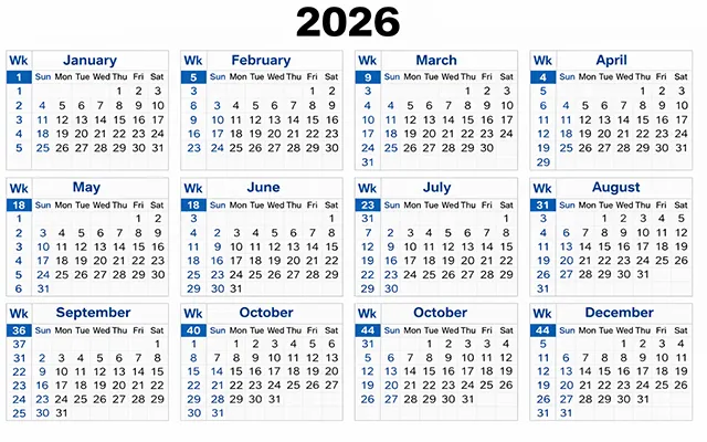 Calendar with week numbers 2026